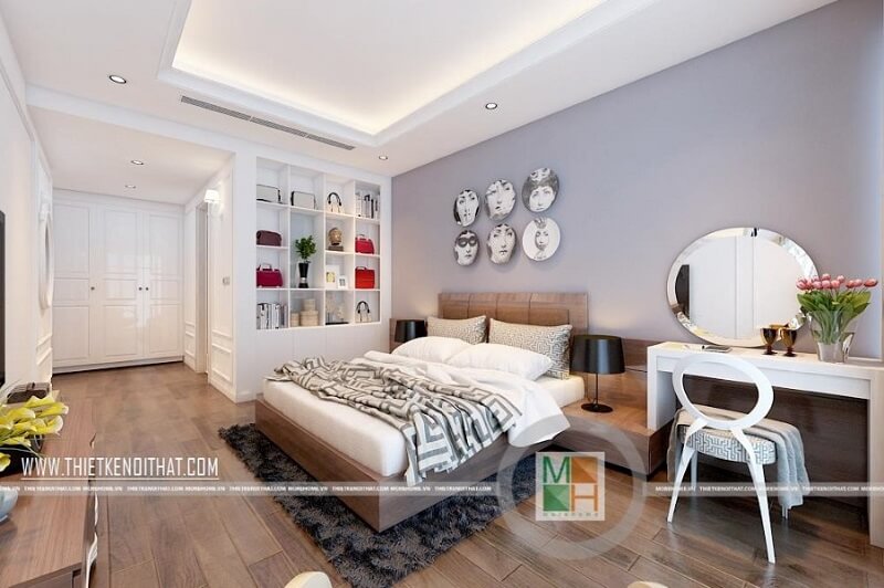 Mẫu giường ngủ chung cư đẹp bọc da đầu giường màu nâu mang đến cảm giác sang trọng cho căn phòng ngủ của gia chủ Nội thất chung cư hiện đại
